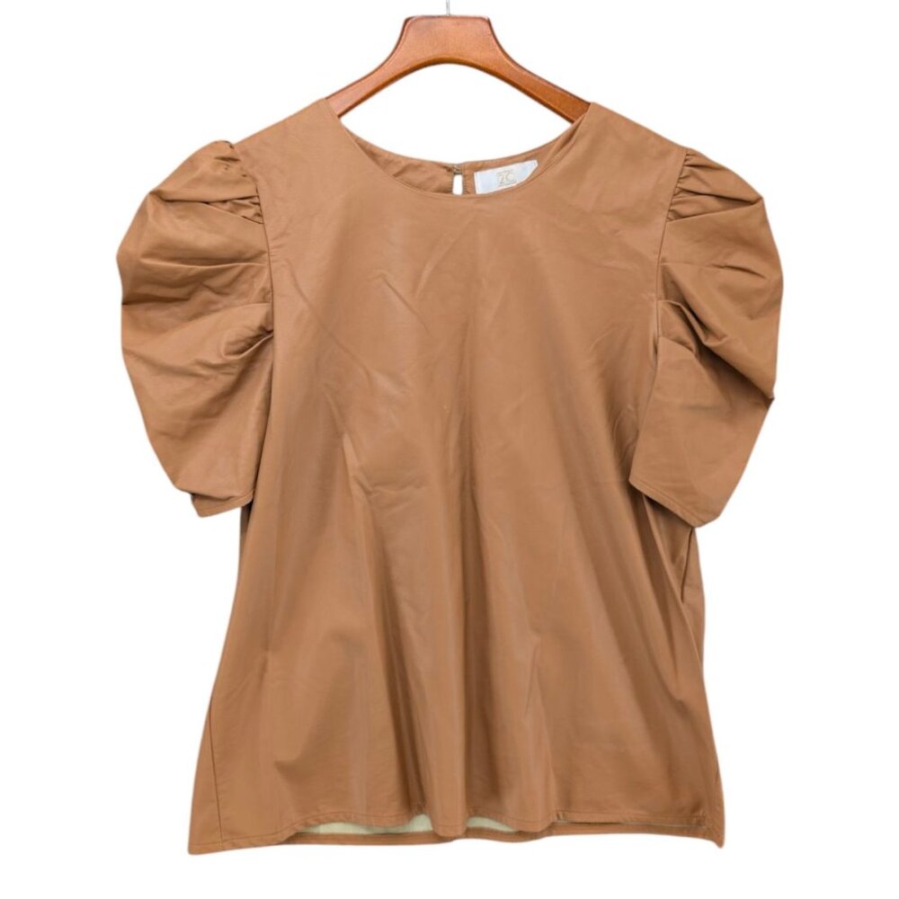 Two Cumberland Faux Leather Top Womens Caramel Brown Puff Sleeve Size L